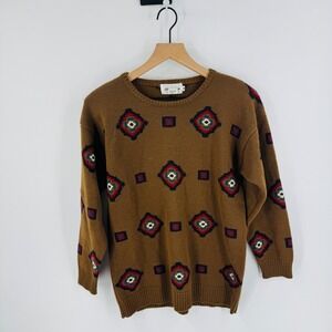 Vintage Geometric Pattern Knit Sweater Brown Size S Heritage Granola 90s Earthy